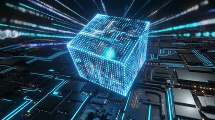 Futuristic digital circuit board with glowing blue data streams and central processor glowing with light particles representing artificial intelligence and technology innovation - Powered by Adobe
