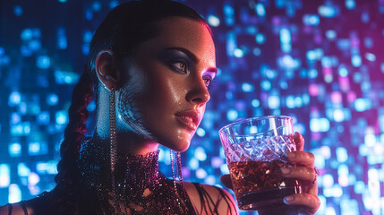Woman looks thoughtfully at drink while surrounded by bright lights at nighttime venue. Colorful backdrop enhances festive mood. Concept of nightlife, entertainment, bar