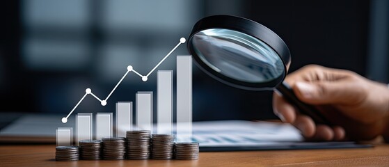 Engaging in close analysis of business reports and data trends using a magnifying glass and a smartphone on a wooden desk
