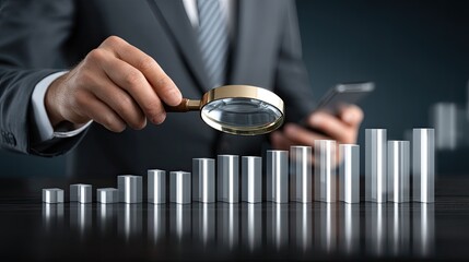 Engaging in close analysis of business reports and data trends using a magnifying glass and a smartphone on a wooden desk