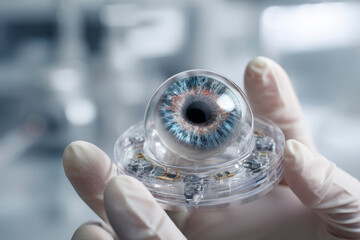 Realistic bionic eye prototype being held by gloved hands in futuristic packaging. Generative AI image