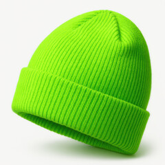 Neon green beanie hat with ribbed knit texture and folded cuff, simple and vibrant winter accessory for warmth and style