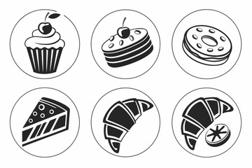 Black and White Dessert and Pastry Icons Set.