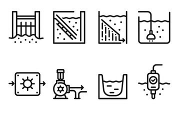 Water Purification Icons. Water purification systems linear set: intake gate, settling tank plate, rapid filter bar, aeration diffuser, UV module tile, chemical feed pump,