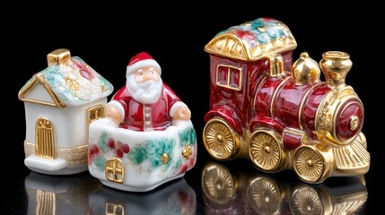 Charming model train travels through a festive scene with Santa Claus and colorful Christmas houses on a snowy night