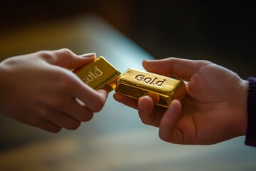 Two hands holding a shiny gold bar against a neutral background in a close-up view