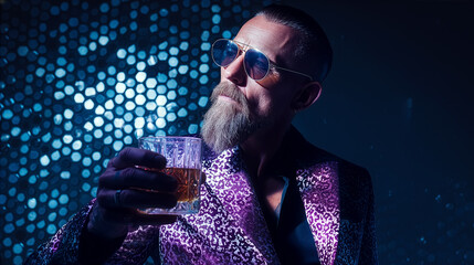 Man looking thoughtfully at camera while holding glass of whiskey. Bright lights reflect off shiny background. Concept of nightlife, fashion, bars