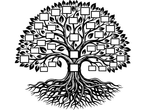 Woodcut Style Vector Family Tree with Blank Frames. Genealogy, Ancestry, History, and Global Family Day Concept Design Element