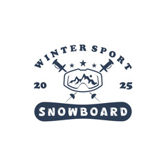 Vintage ski emblem logo vector icon illustration design template. Monochrome graphic art. Concept for t-shirt.