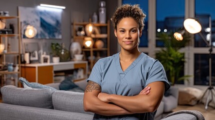 Female student nurse in scrubs and a mask stands with crossed arms, ready for her shift in a comfortable home setting