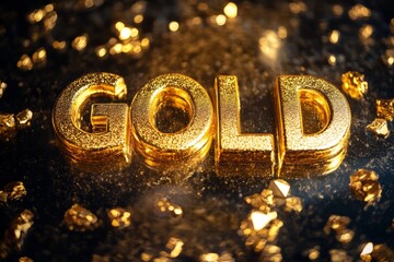 Gold sign surrounded by scattered gold coins and decorative gold elements on a flat surface