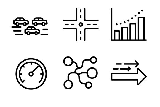 Traffic Diagram Icons. Traffic Pattern Analysis linear set: vehicle stream, intersection diagram, density chart, speed monitor, route spectrum, flow indicator.