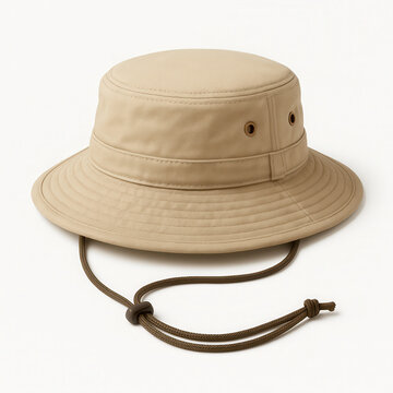 Beige safari bucket hat with adjustable chin strap and ventilation eyelets, perfect for outdoor adventures and sun protection
