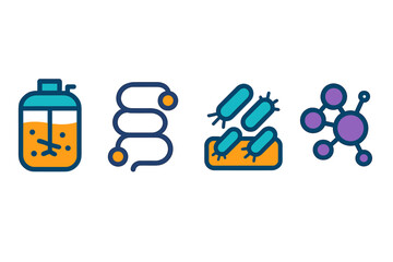 Fototapeta premium Microbial Fabrication Icons. Microbial Fabrication Systems flat set: bio-reactive chamber, enzyme route coil, microbial build cluster.