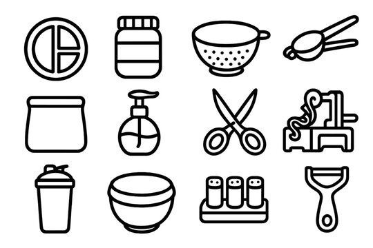 Kitchen Tool Icons. Balanced Eating Tools linear set: portion dish, chill-safe meal jar, rinse-and-drain bowl, lemon squeezer, silicone pouch, oil diffuser pump, herb snip cutter,
