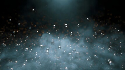 Abstract atmospheric scene featuring clusters of tiny rising bubbles and scattered bokeh light particles