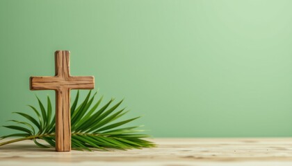 A symbolic image featuring a wooden cross and a palm leaf set against a soft green background to represent the Christian faith dur