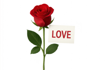 Red rose with love note on transparent background