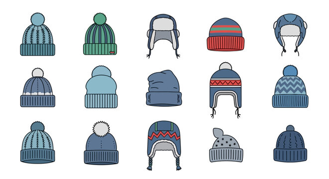 Stylish collection of diverse knitted winter hats and cozy beanies in a variety of colors and patterns, perfect concept for cold weather fashion and apparel design