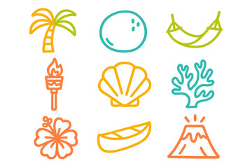 Colorful tropical icons for beach and summer fun with palm trees, seashells, and hammocks