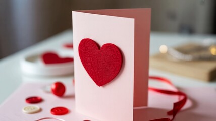 Elegant handmade Valentine's Day card featuring a vibrant red felt heart ready for heartfelt messages of love