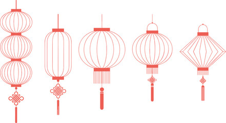 Minimalist red Chinese lanterns in various shapes, elegant traditional Lunar New Year decoration illustration featuring cultural festive design elements in vector style
