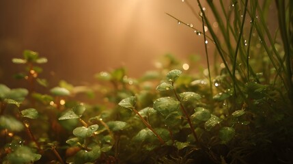 ro view of lush green leaves adorned with dew drops bathed in soft diffused golden sunlight rays