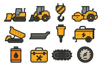 Construction Equipment Icons. Heavy Machinery on Site set of icons in flat pixel vector style: bulldozer blade, wheel loader, crane hook, compactor roller, dump truck bed, grader