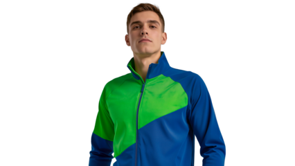 Young athlete or model in a bright blue and green sports jacket on a white background.