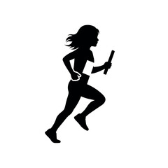 Silhouette of a female runner in motion holding a baton and a number bib symbolizing a relay race or athletic competition.