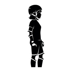 Silhouette of a person wearing protective gear for roller skating or skateboarding.