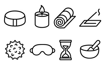 Mindful Tools Icons. Mindful living tools linear set: cushion pad, scented candle, yoga mat strip, incense holder tile, stress ball, sleep mask, timer marker, singing bowl icon.