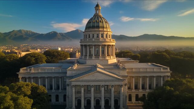 Majestic Government Building Dome and Columns at Sunrise with Mountain Backdrop and Cityscape Haze capitol dome