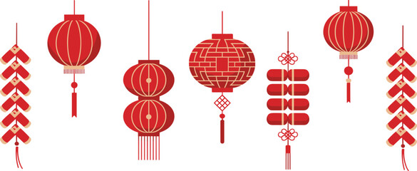 Red Chinese lanterns and decorative firecrackers, festive Lunar New Year illustration featuring traditional Asian celebration elements in elegant vector design