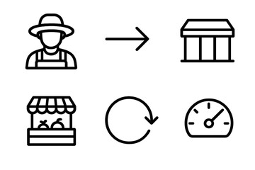 Short-Chain Food Icons. Short-Chain Food Systems linear set: farmer icon, delivery path arrow, storage unit tile, local market node, distribution loop ring, traceability meter.