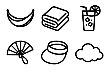 Independence Day Icons. Independence Day Seasonal Comforts linear set: hammock shape, comfy blanket, citrus drink, handheld fan, sun visor, soft cloud.