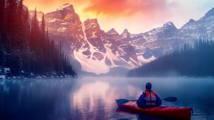 A vivid portrayal of a serene lakeside scene during what appears to be either dawn or dusk. The sky is painted with hues of orange, pink, and purple.