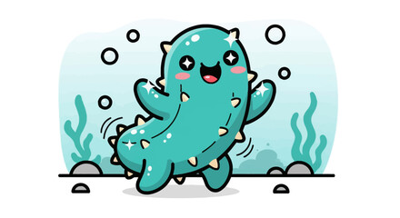 Fototapeta premium Cute cartoon sea creature with spikes and a happy expression, smiling and waving.