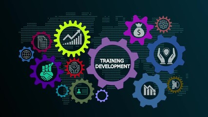 Training development animation video showcasing international standard organization concepts, global technology networks, and internet-enabled skill enhancement programs.