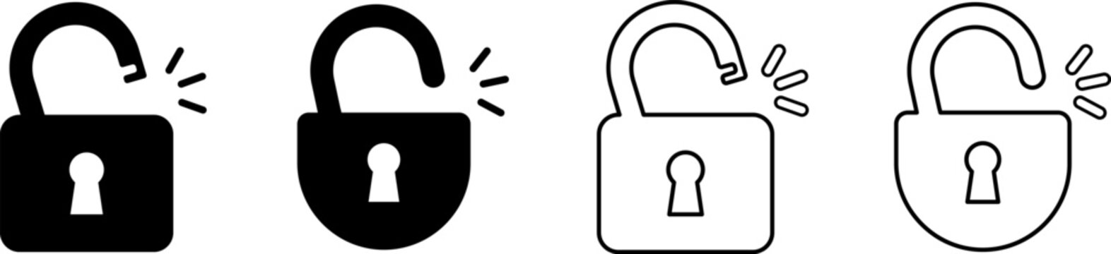 Four open padlocks showing different styles of broken security