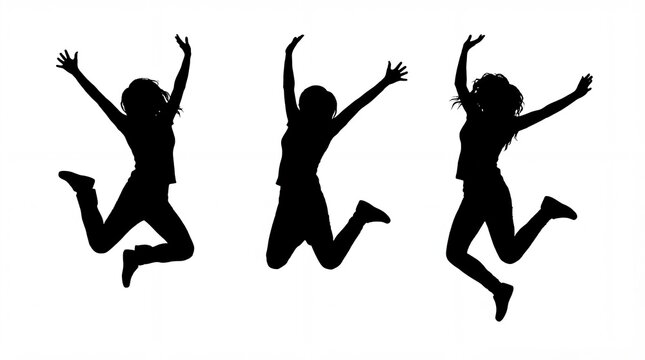 Three silhouettes of young girls jumping joyfully against white background  
