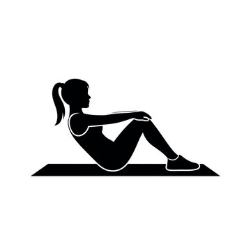 Woman doing situps on a mat fitness silhouette.