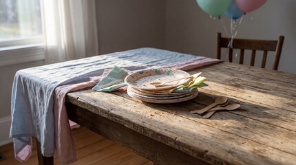 Rustic dining table setup with plates and pastel balloons indoors  