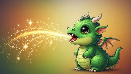 Cute cartoon baby dragon breathing magical sparkling fire in a fantasy forest setting with soft bokeh background