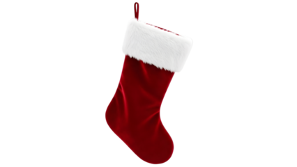 Festive red christmas stocking with white fur trim hanging against a dark background