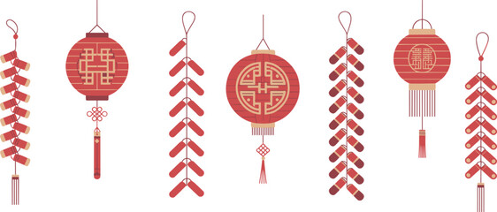 Red Chinese lanterns and decorative firecrackers, traditional Lunar New Year celebration elements illustrated in elegant vector style for festive cultural design