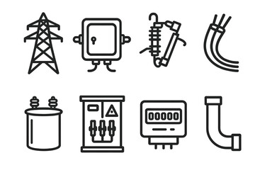 Electrical Grid Icons. Electrical grid components linear set: transmission tower, junction box, fuse cutout, underground cable, transformer drum, switchgear unit, meter display,