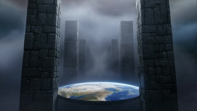 A mystical portal with ancient stone pillars framing a glowing Earth disc, leading to a foggy landscape with distant monolithic structures under a dark sky.