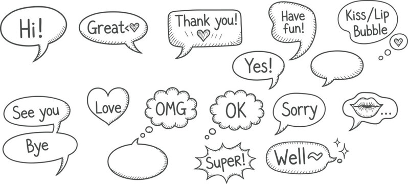 Hand drawn speech bubbles with various positive and common phrases