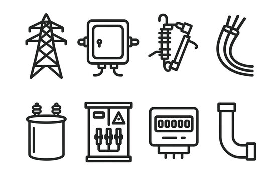 Electrical Grid Icons. Electrical grid components linear set: transmission tower, junction box, fuse cutout, underground cable, transformer drum, switchgear unit, meter display,